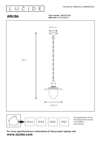 Lucide ARUBA - Suspension Intérieur/Extérieur - Ø 25 cm - 1xE27 - IP44 - Noir - technique